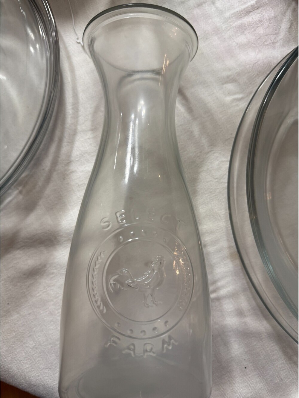 Select Farm Embossed Rooster Glass Carafe Milk Bottle Farmhouse Pitcher Decanter